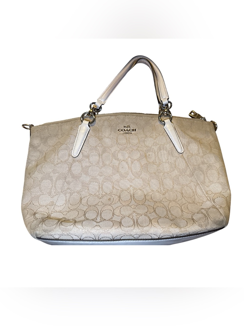 Coach Beige Signature Canvas Shoulder Bag with Cream Leather Trim